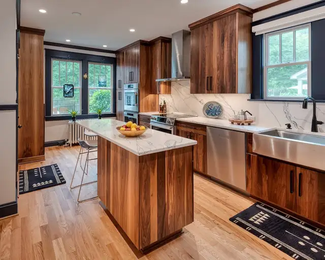 Modern walnut kitchen with a walnut island, farmhouse sink, marble counters and black-framed windows